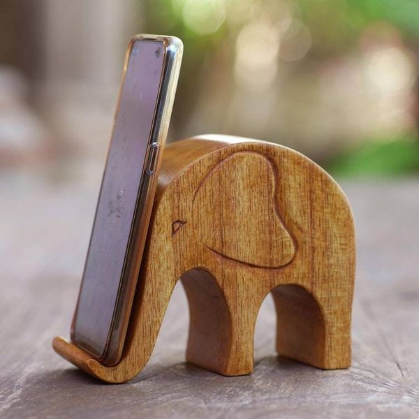 Alternate image for Handmade Jempinis Wood Elephant Phone Stand Dialing Elephant