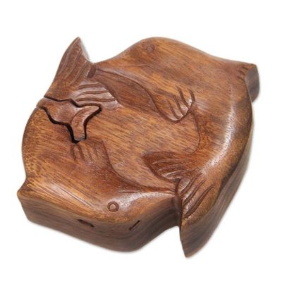 Alternate image for Hand Carved Balinese Wood Puzzle Box Dancing Dolphins