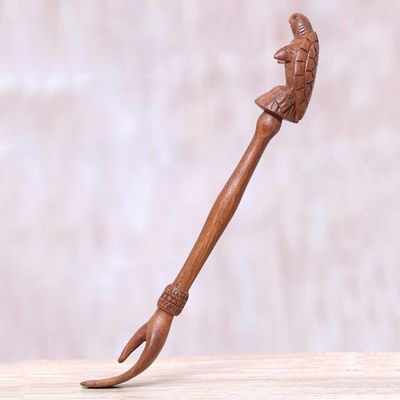 Alternate image for Turtle Themed Wood Back Scratcher Hand Carved in Bali Turtle Relief in Natural