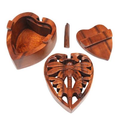 Alternate image for Suar Wood Hand-carved Puzzle Box with Dragonfly Motif Tenderness of a Dragonfly