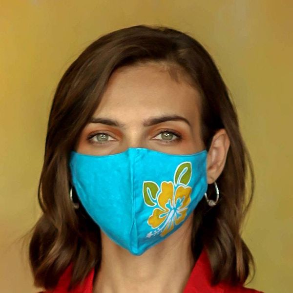 Alternate image for 4 Hand-Painted Rayon Batik Contoured Face Masks Vibrant Balinese Hibiscus