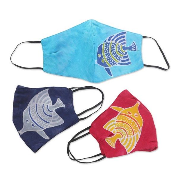 Alternate image for 3 Handmade Rayon Batik Fish Cotton 2-Layer Face Masks Balinese Fish