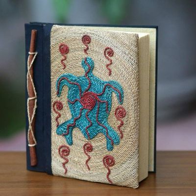 Alternate image for Handmade Natural Fiber Blank 50-pg Journal with Turtle Motif Blue Turtle