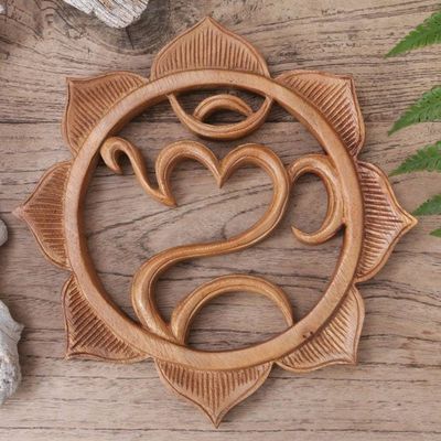 Alternate image for Artisan Carved Balinese Hindu Wood Relief Panel Omkara