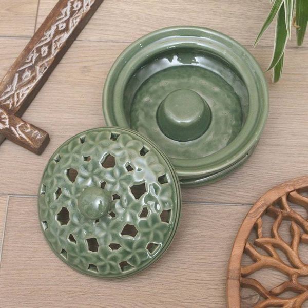 Alternate image for Balinese Handmade Green Porcelain Mosquito Coil Holder Plumeria Blooms in Green