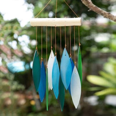 Primary image for Glass and Wood Wind Chime in Blue Teal Green and White Rhythm of Life