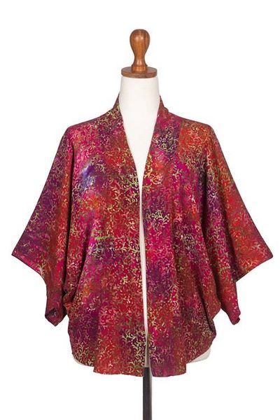Alternate image for Red Hand-Stamped Batik Rayon Kimono Jacket from Bali Red Vine