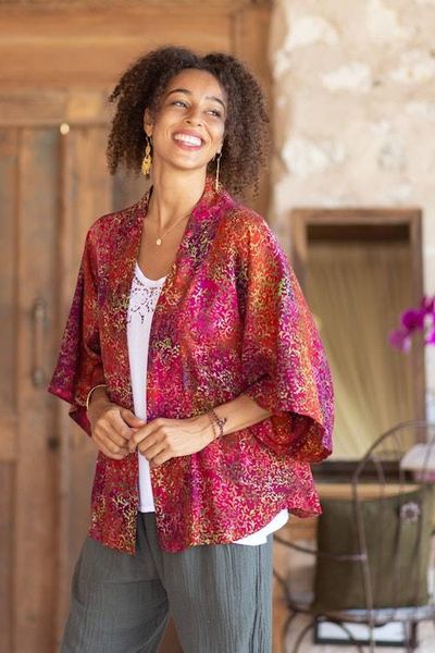 Alternate image for Red Hand-Stamped Batik Rayon Kimono Jacket from Bali Red Vine