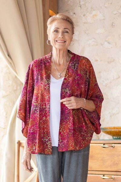 Alternate image for Red Hand-Stamped Batik Rayon Kimono Jacket from Bali Red Vine