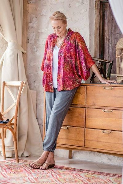 Alternate image for Red Hand-Stamped Batik Rayon Kimono Jacket from Bali Red Vine