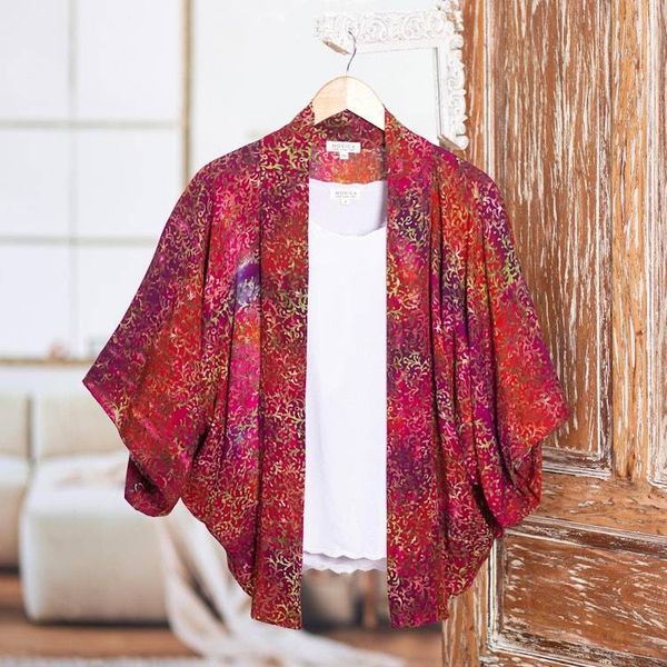 Alternate image for Red Hand-Stamped Batik Rayon Kimono Jacket from Bali Red Vine