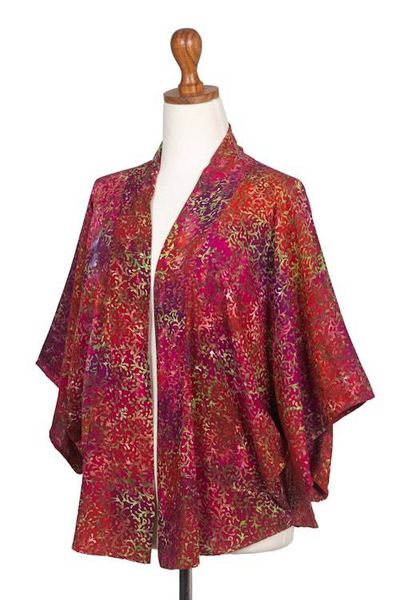 Alternate image for Red Hand-Stamped Batik Rayon Kimono Jacket from Bali Red Vine