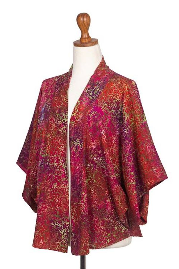 Alternate image for Red Hand-Stamped Batik Rayon Kimono Jacket from Bali Red Vine
