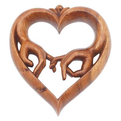 Alternate image for Hand-Carved Heart-Shaped Brown Suar Wood Relief Panel The Promise of Love