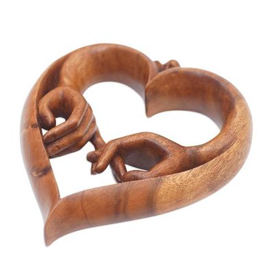 Alternate image for Hand-Carved Heart-Shaped Brown Suar Wood Relief Panel The Promise of Love