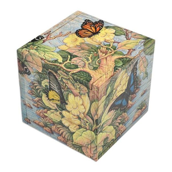Alternate image for Butterfly Leaf Floral-Themed Hand-Painted Wood Jewelry Box Tropical Forest