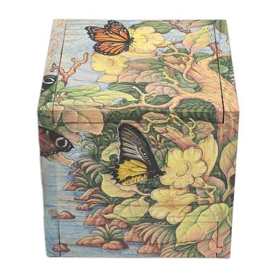 Alternate image for Butterfly Leaf Floral-Themed Hand-Painted Wood Jewelry Box Tropical Forest