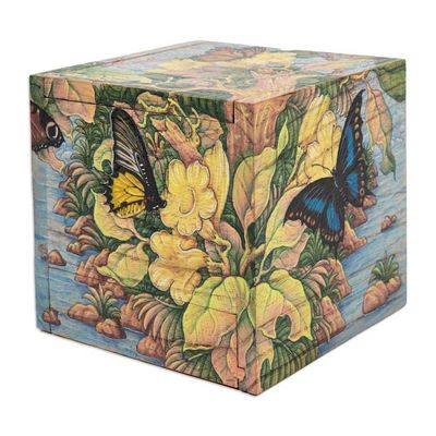 Alternate image for Butterfly Leaf Floral-Themed Hand-Painted Wood Jewelry Box Tropical Forest