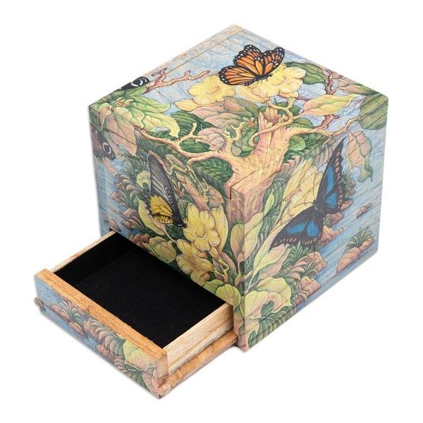 Alternate image for Butterfly Leaf Floral-Themed Hand-Painted Wood Jewelry Box Tropical Forest