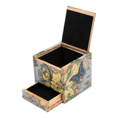 Alternate image for Butterfly Leaf Floral-Themed Hand-Painted Wood Jewelry Box Tropical Forest