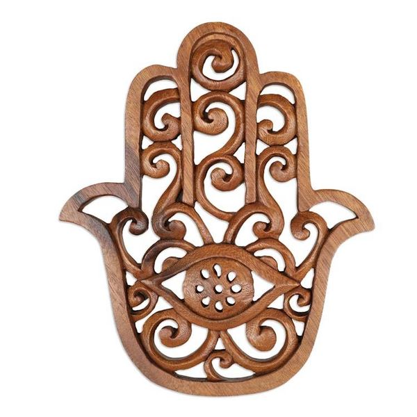 Alternate image for Hand-Carved Wood Wall Relief Panel of Hamsa Evil Eye Amulet Evil Eye Hamsa