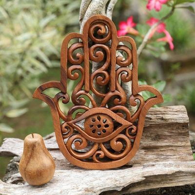 Alternate image for Hand-Carved Wood Wall Relief Panel of Hamsa Evil Eye Amulet Evil Eye Hamsa