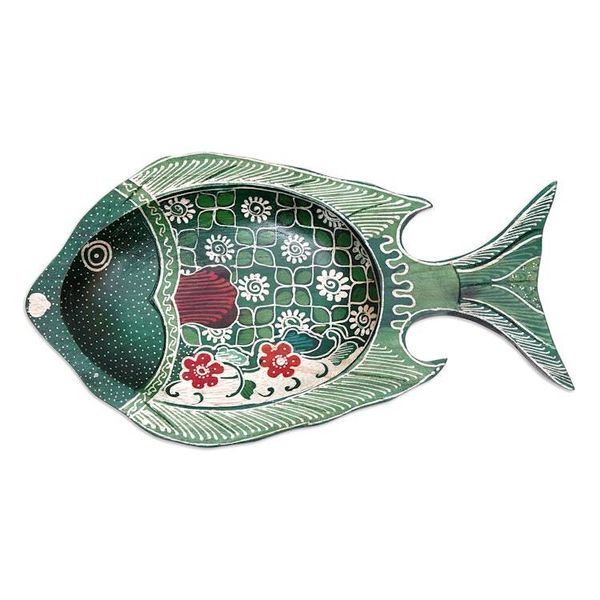 Alternate image for Batik Fish-Shaped Green and Red Pule Wood Decorative Plate Truntum Ocean