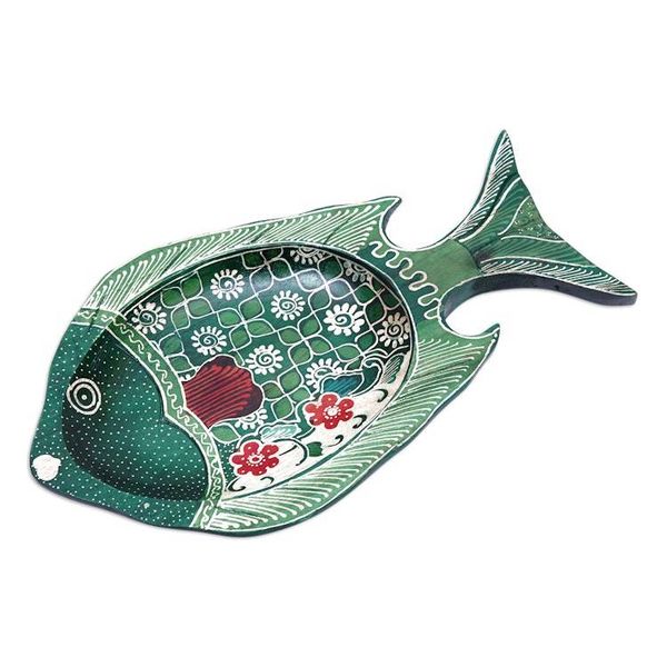 Alternate image for Batik Fish-Shaped Green and Red Pule Wood Decorative Plate Truntum Ocean