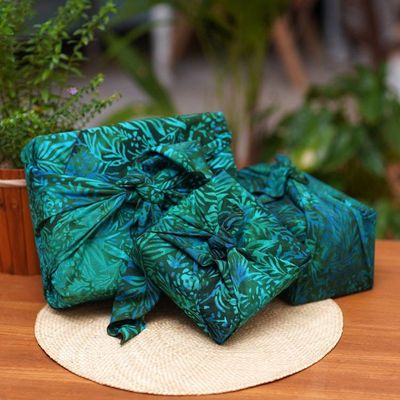 Alternate image for 3 Upcycled Green and Blue Batik Furoshiki-Style Gift Wraps Green Leaf