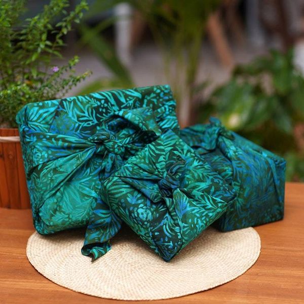 Alternate image for 3 Upcycled Green and Blue Batik Furoshiki-Style Gift Wraps Green Leaf