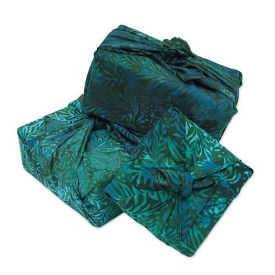 Alternate image for 3 Upcycled Green and Blue Batik Furoshiki-Style Gift Wraps Green Leaf