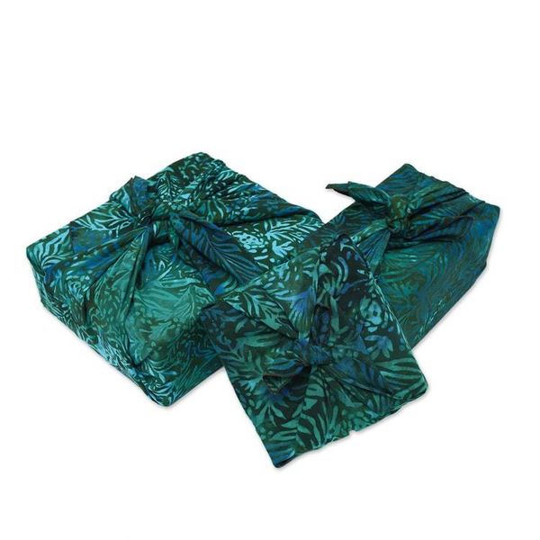 Alternate image for 3 Upcycled Green and Blue Batik Furoshiki-Style Gift Wraps Green Leaf
