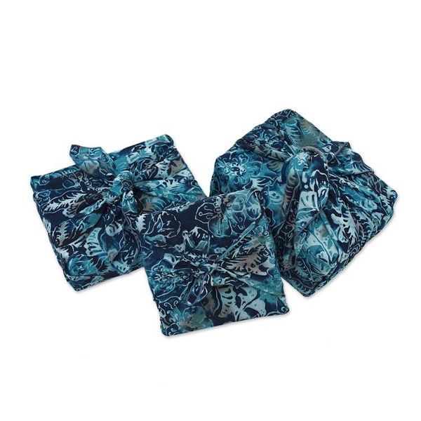 Alternate image for 3 Upcycled Blue Leaf-Themed Batik Furoshiki-Style Gift Wraps Blue Indigo