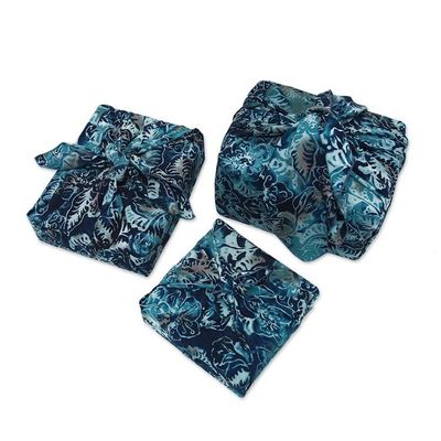 Alternate image for 3 Upcycled Blue Leaf-Themed Batik Furoshiki-Style Gift Wraps Blue Indigo