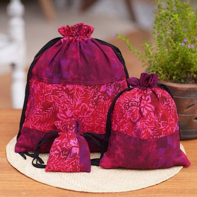 Alternate image for 3 Upcycled Reusable Batik Drawstring Gift Pouches in Red Cheerful Red