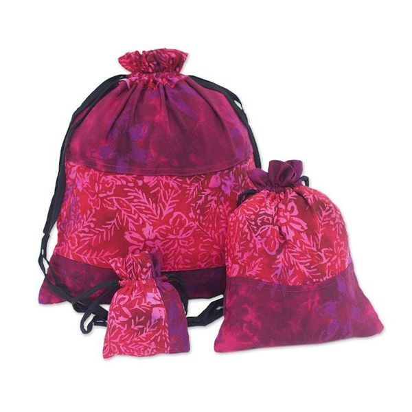 Alternate image for 3 Upcycled Reusable Batik Drawstring Gift Pouches in Red Cheerful Red