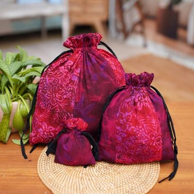 Alternate image for 3 Upcycled Reusable Batik Drawstring Gift Pouches in Red Cheerful Red