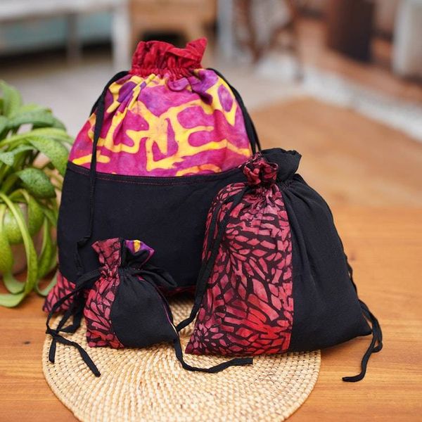 Alternate image for 3 Upcycled Reusable Batik Drawstring Gift Pouches in Red Cheerful Red