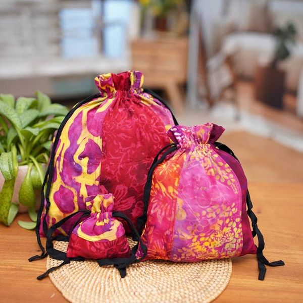 Alternate image for 3 Upcycled Reusable Batik Drawstring Gift Pouches in Red Cheerful Red