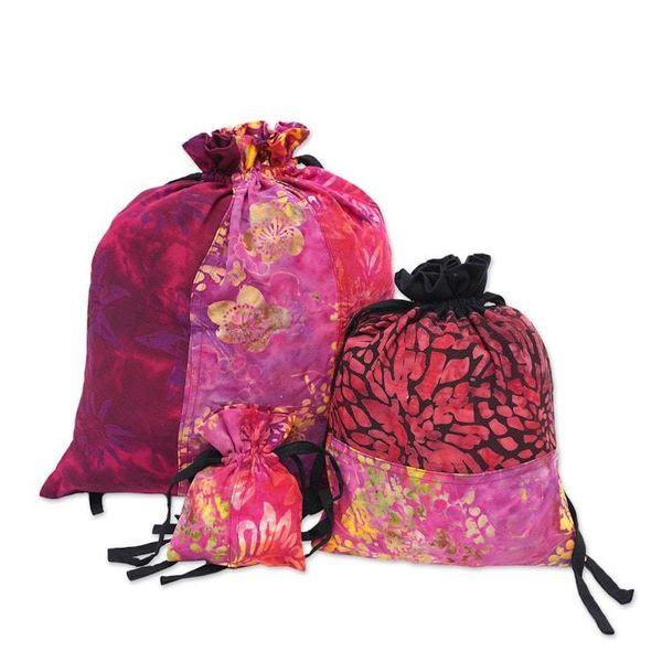Alternate image for 3 Upcycled Reusable Batik Drawstring Gift Pouches in Red Cheerful Red