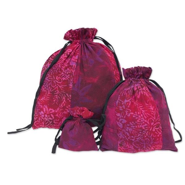 Alternate image for 3 Upcycled Reusable Batik Drawstring Gift Pouches in Red Cheerful Red