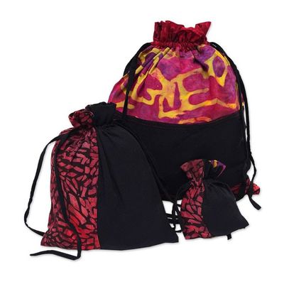 Alternate image for 3 Upcycled Reusable Batik Drawstring Gift Pouches in Red Cheerful Red