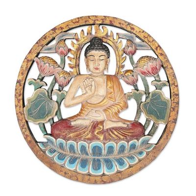 Alternate image for Hand-Painted Lotus-Themed Suar Wood Relief Panel of Buddha Buddhas Paradise