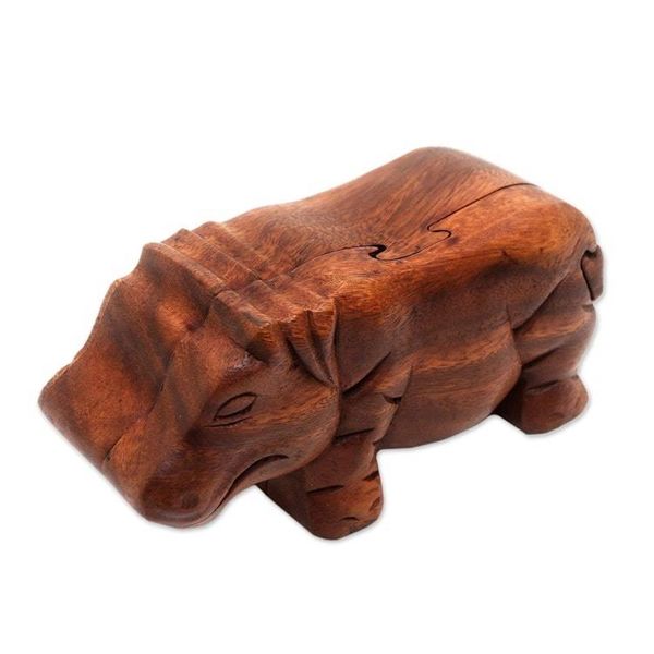 Alternate image for Handmade Hippopotamus Wood Puzzle Box from Bali Hippopotamus