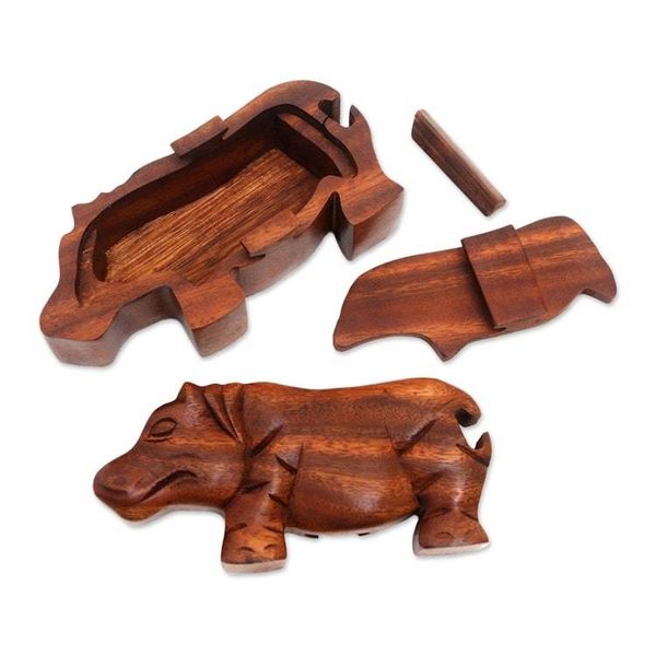 Alternate image for Handmade Hippopotamus Wood Puzzle Box from Bali Hippopotamus