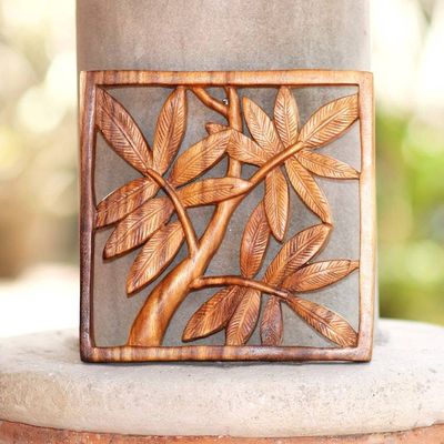 Alternate image for Bamboo Motif Hand Carved Wood Relief Panel Bamboo Leaves