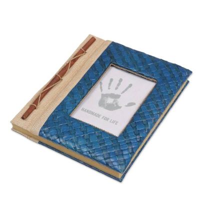 Alternate image for Hand-Woven Pandan Leaf Journal with Photo Cover in Blue Woven Memories in Blue