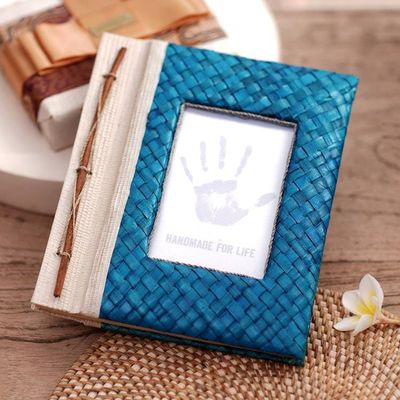 Alternate image for Hand-Woven Pandan Leaf Journal with Photo Cover in Blue Woven Memories in Blue