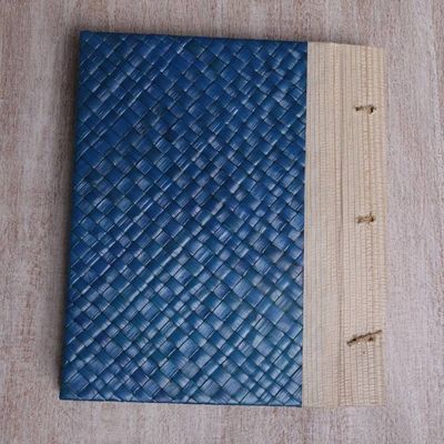 Alternate image for Hand-Woven Pandan Leaf Journal with Photo Cover in Blue Woven Memories in Blue