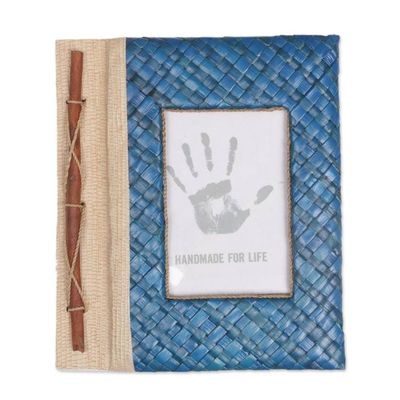 Alternate image for Hand-Woven Pandan Leaf Journal with Photo Cover in Blue Woven Memories in Blue